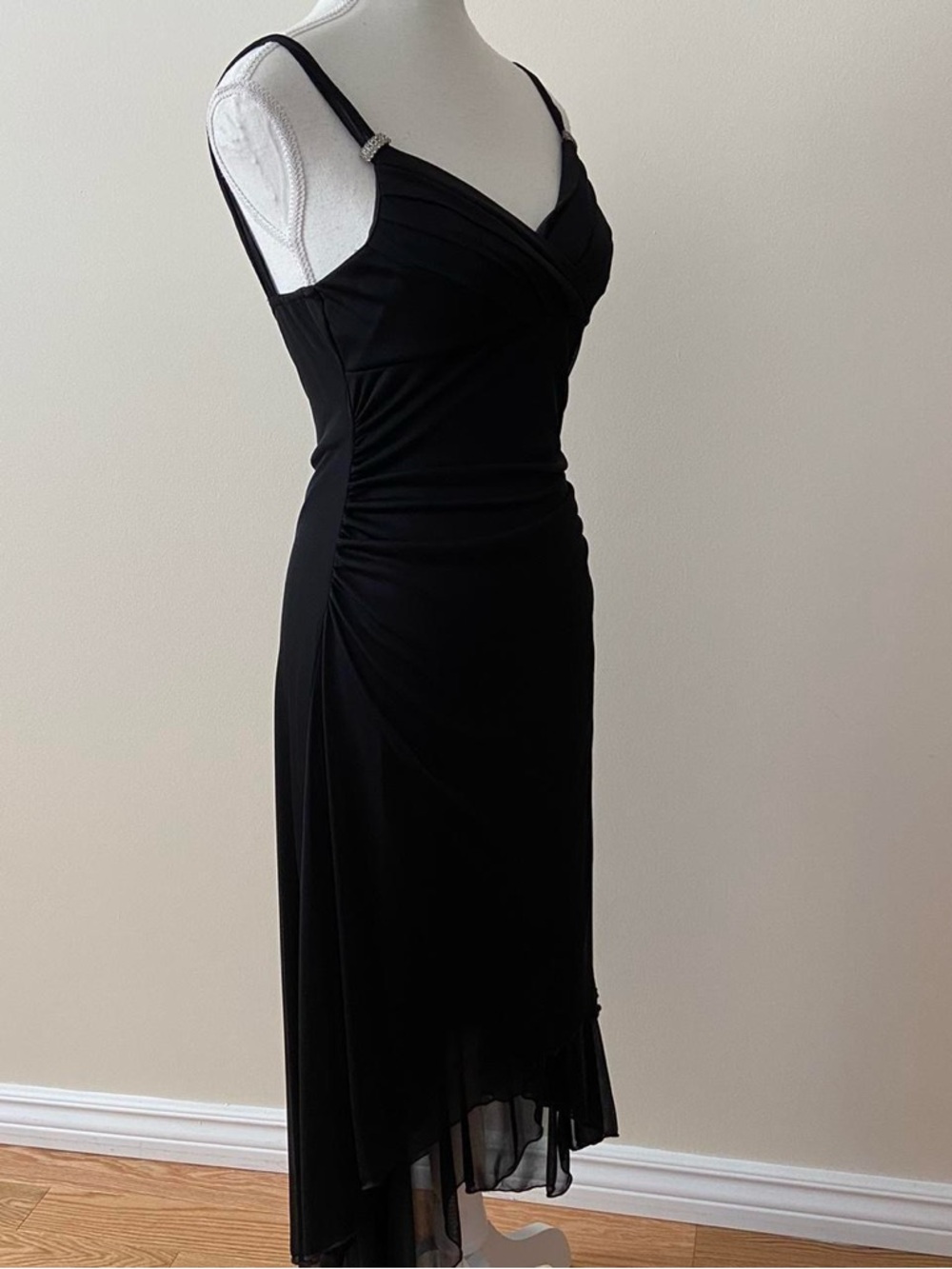 Black High-Low V-Neck Ruched Evening Dress